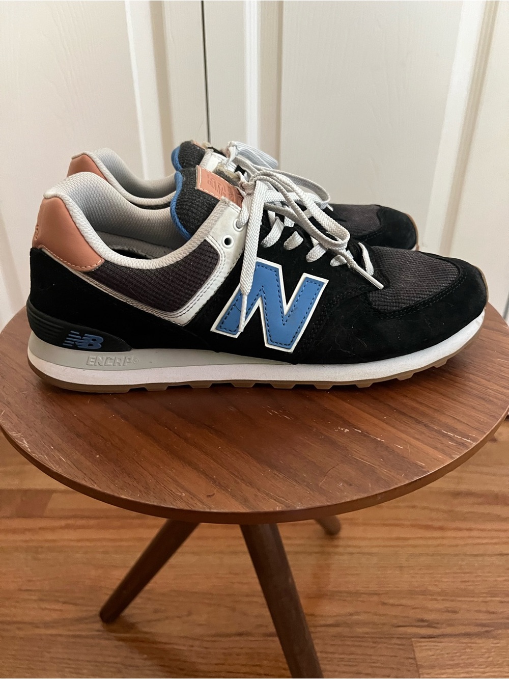 New Balance Black Sneakers with Blue 'N' and Blush Heel